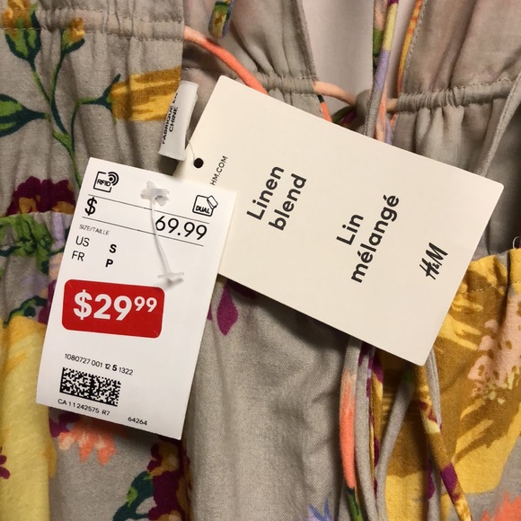 H&M Long Floral Linen Blend Dress with Plunge Neckline - Picture 4 of 4